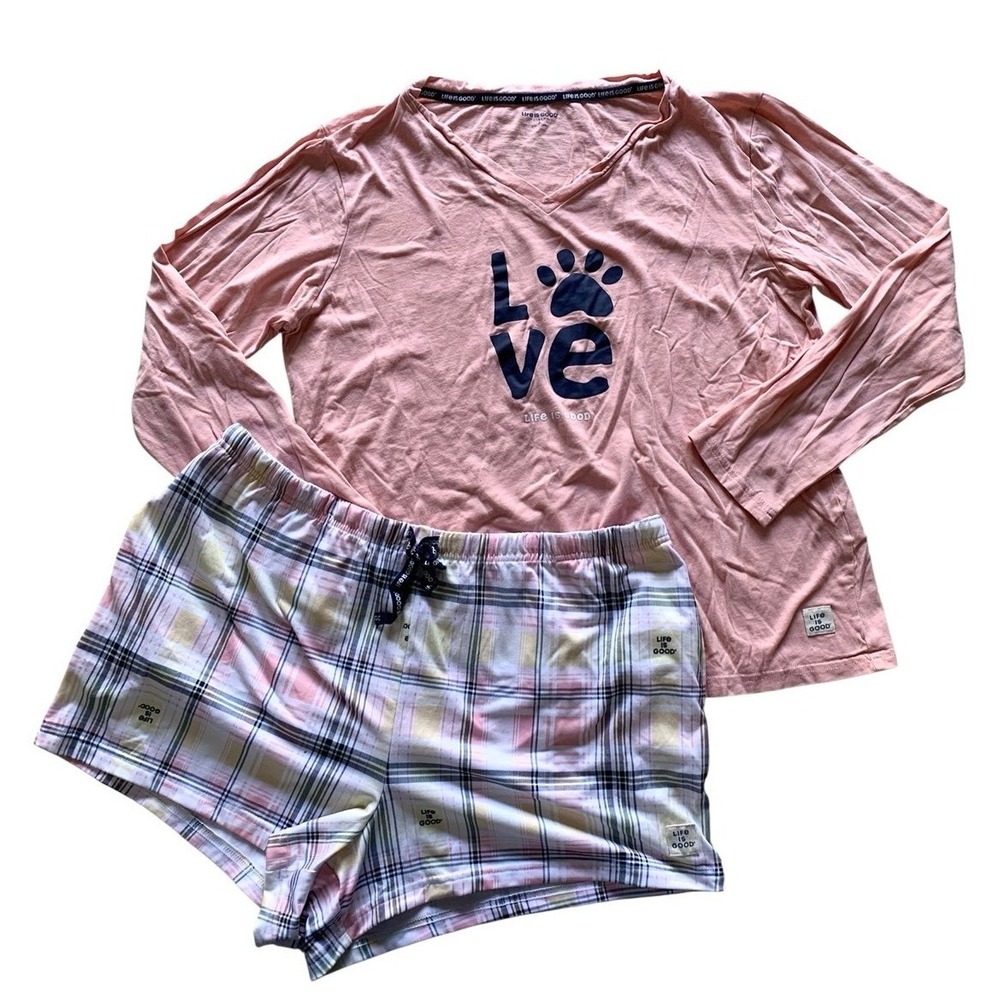 Life is Good Pajama Set Womens Large Pink Plaid Love Paw Print Loungewear Preppy